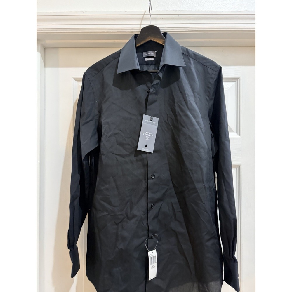 Van Heusen Dress Shirt Men 15 32-33 Black Fitted Wrinkle Free Long Sleeve NWT